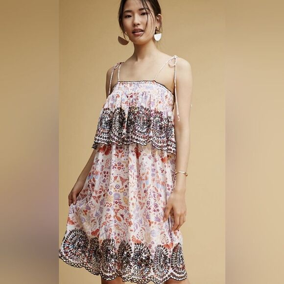 Anthropologie Antik Batik Samsa Eyelet Embroidered Floral Tiered Dress Size M - Picture 1 of 11